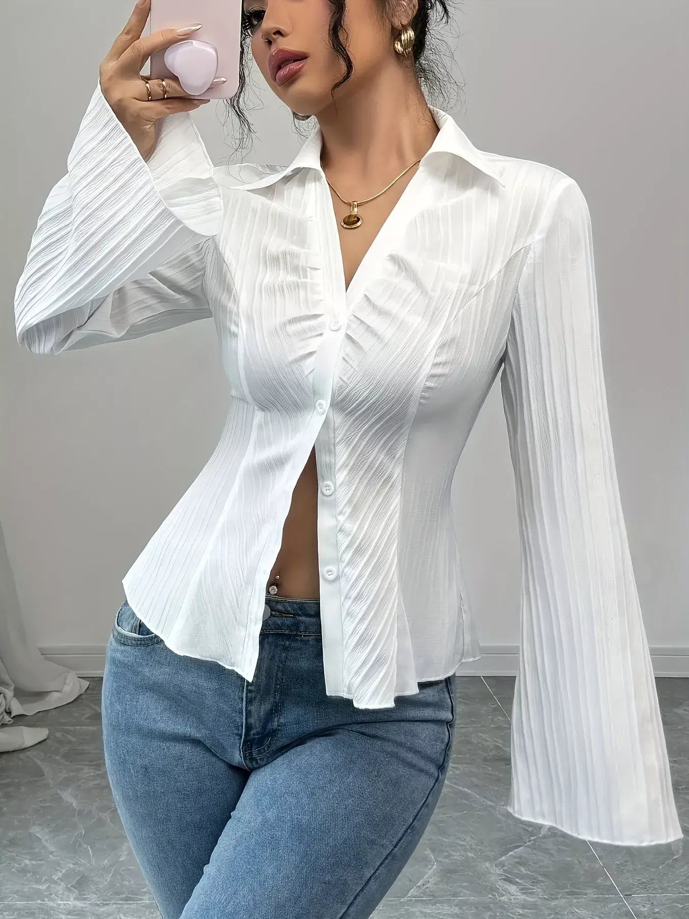Flare Sleeve Button Up Shirt - Trendsi - Flyclothing LLC