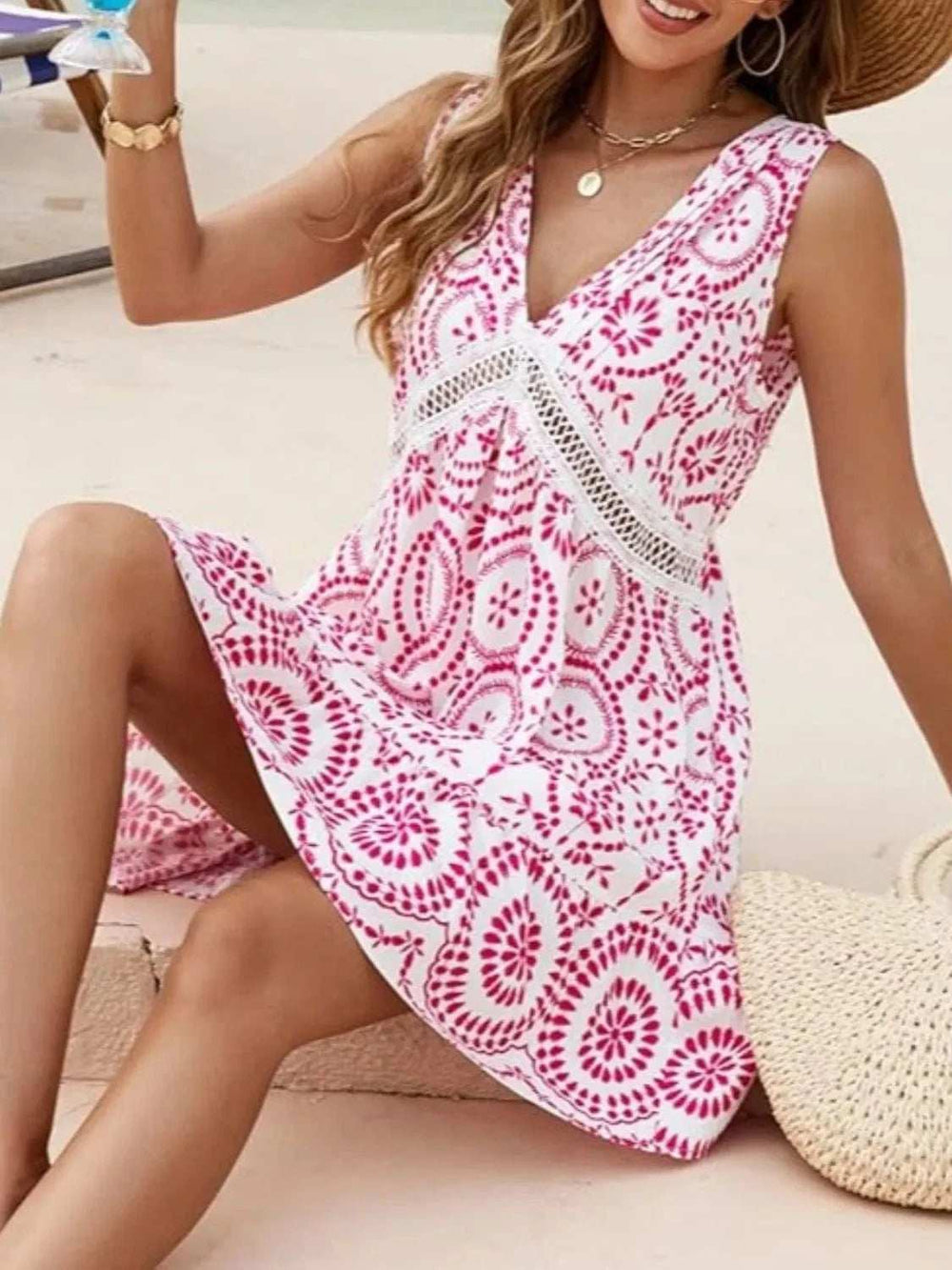 Printed V-Neck Sleeveless Mini Dress - Trendsi - Flyclothing LLC