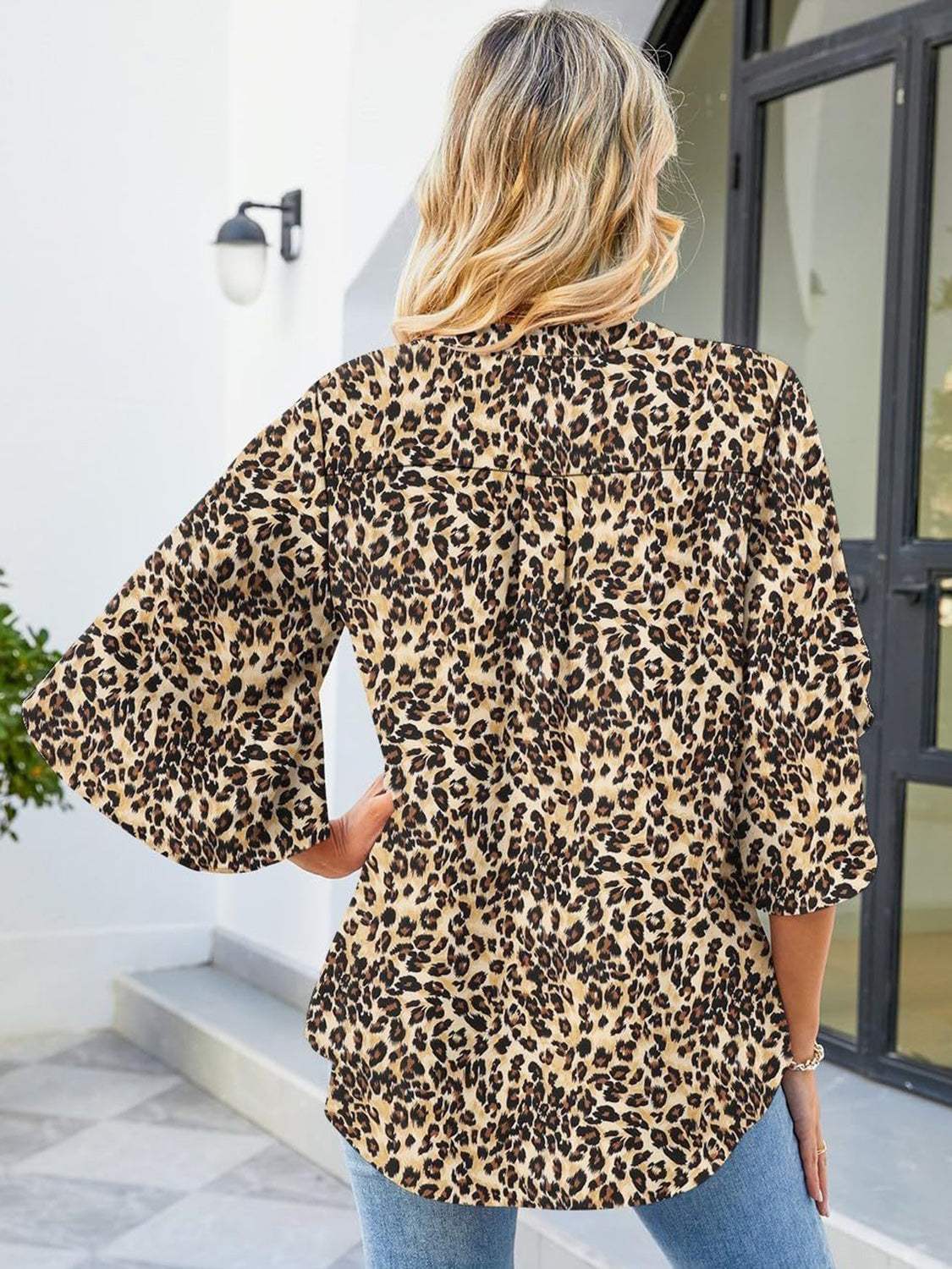 Printed Notched Half Sleeve Blouse - Trendsi - Flyclothing LLC