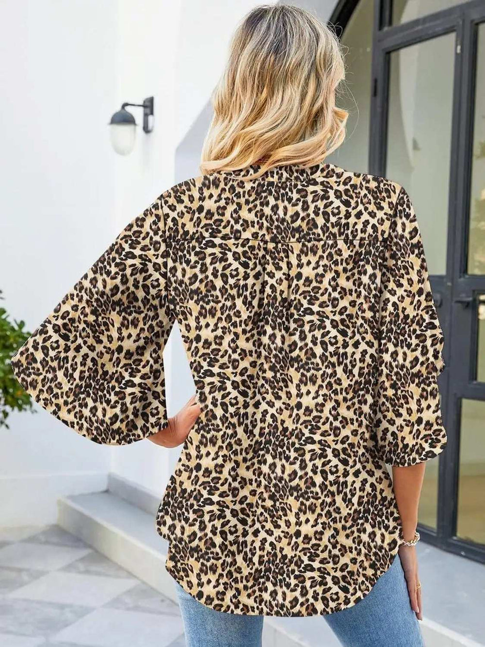 Printed Notched Half Sleeve Blouse - Trendsi - Flyclothing LLC