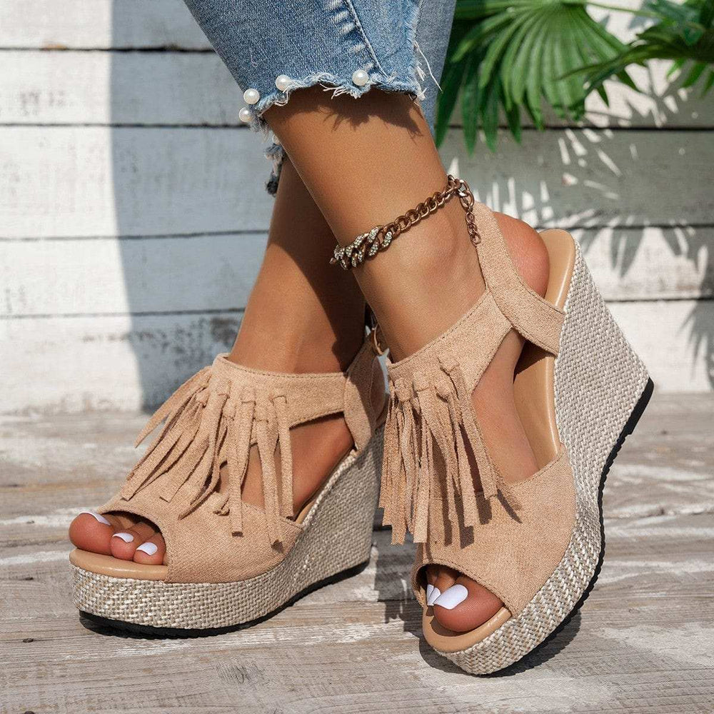Fringe Peep Toe Wedge Sandals - Trendsi - Flyclothing LLC