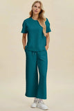 Double Take Full Size Texture Round Neck Short Sleeve Top and Pants Set - Trendsi - Flyclothing LLC