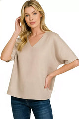 Zenana Linen V-Neck Cuffed Sleeve Top - Trendsi - Flyclothing LLC