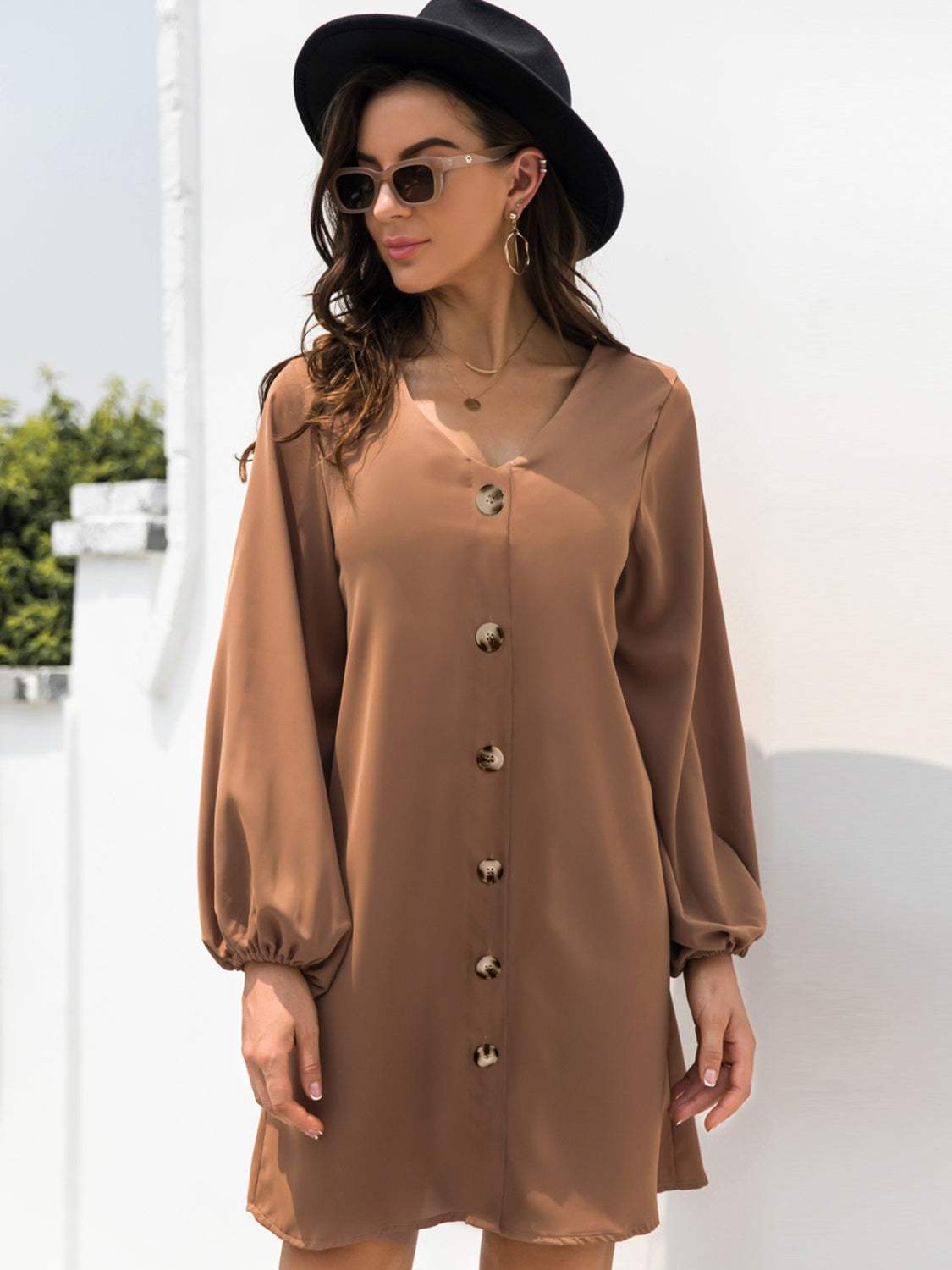 V-Neck Long Sleeve Mini Dress - Trendsi - Flyclothing LLC