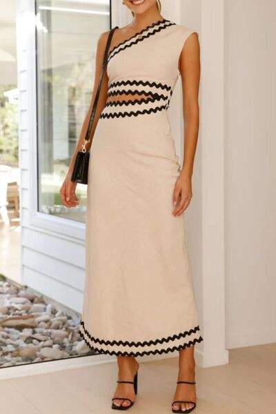Cutout Contrast Trim Single Shoulder Dress - Trendsi - Flyclothing LLC