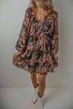 Printed Tie Neck Long Sleeve Mini Dress - Trendsi
