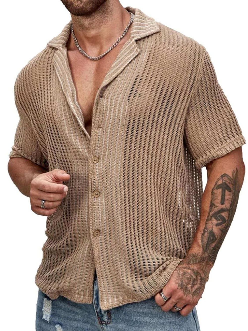 Men's Full Size Openwork Button Down Short Sleeve Shirt Plus Size - Trendsi - Flyclothing LLC