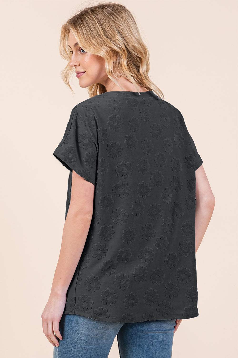 BOMBOM Textured Floral Pattern Short Sleeve T-Shirt - Trendsi - Flyclothing LLC