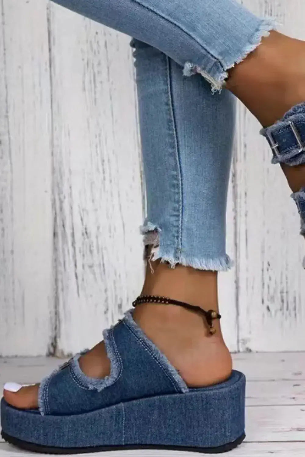 Raw Hem Wedge Buckle Sandals - Trendsi - Flyclothing LLC