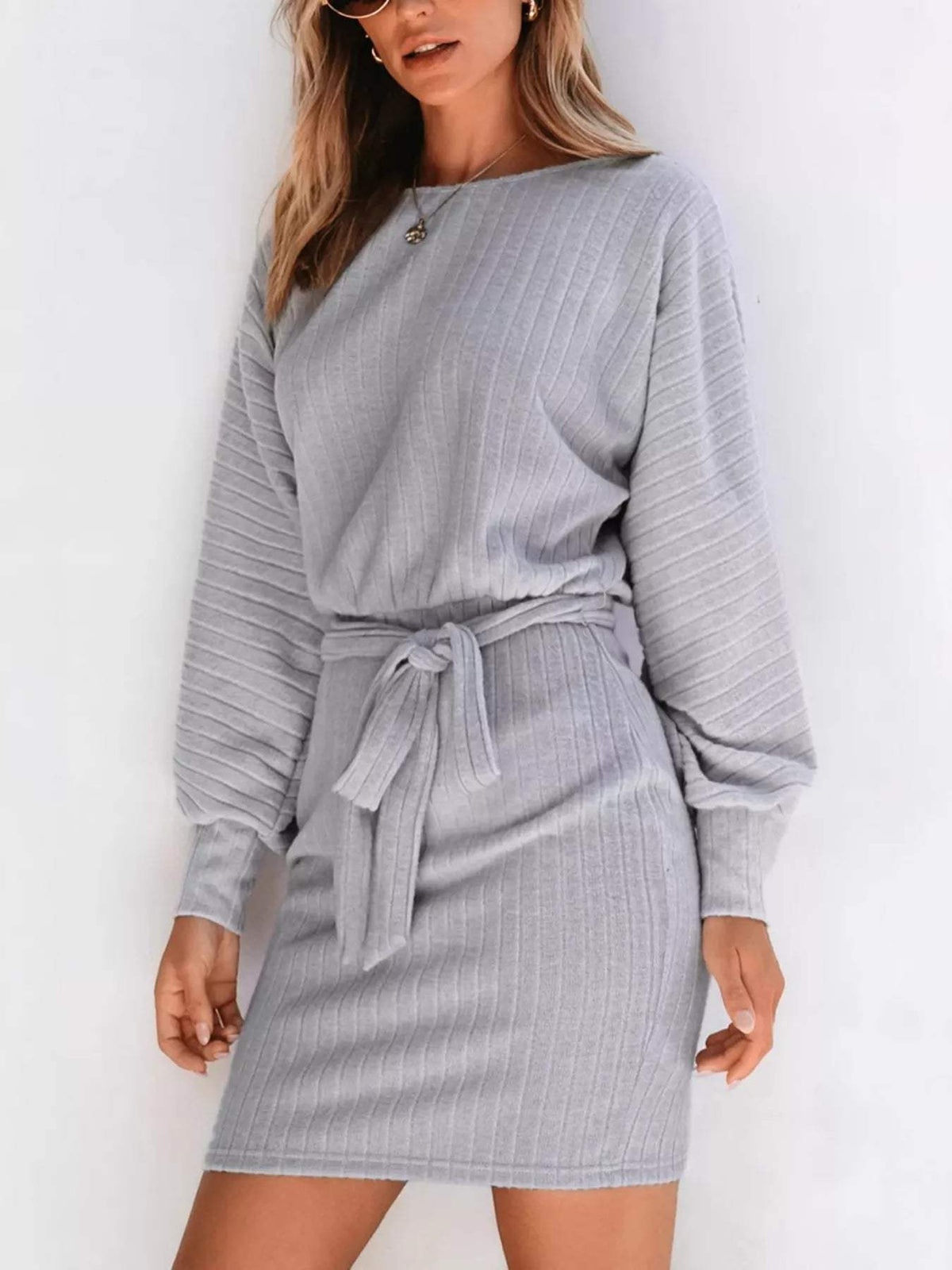 Round Neck Tie Waist Textured Dress - Trendsi - Flyclothing LLC