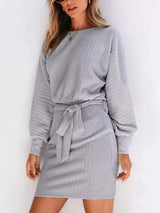 Round Neck Tie Waist Textured Dress - Trendsi - Flyclothing LLC
