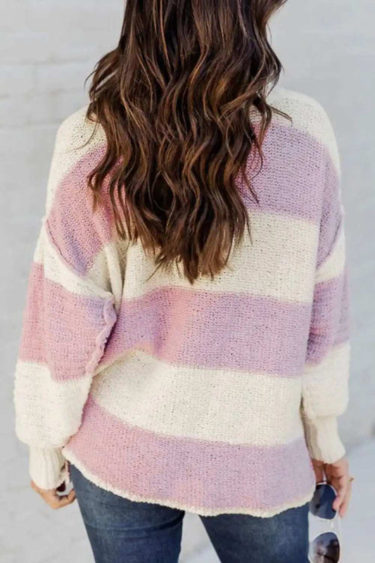 Striped Half Button Ribbed Sweater - Trendsi - Flyclothing LLC