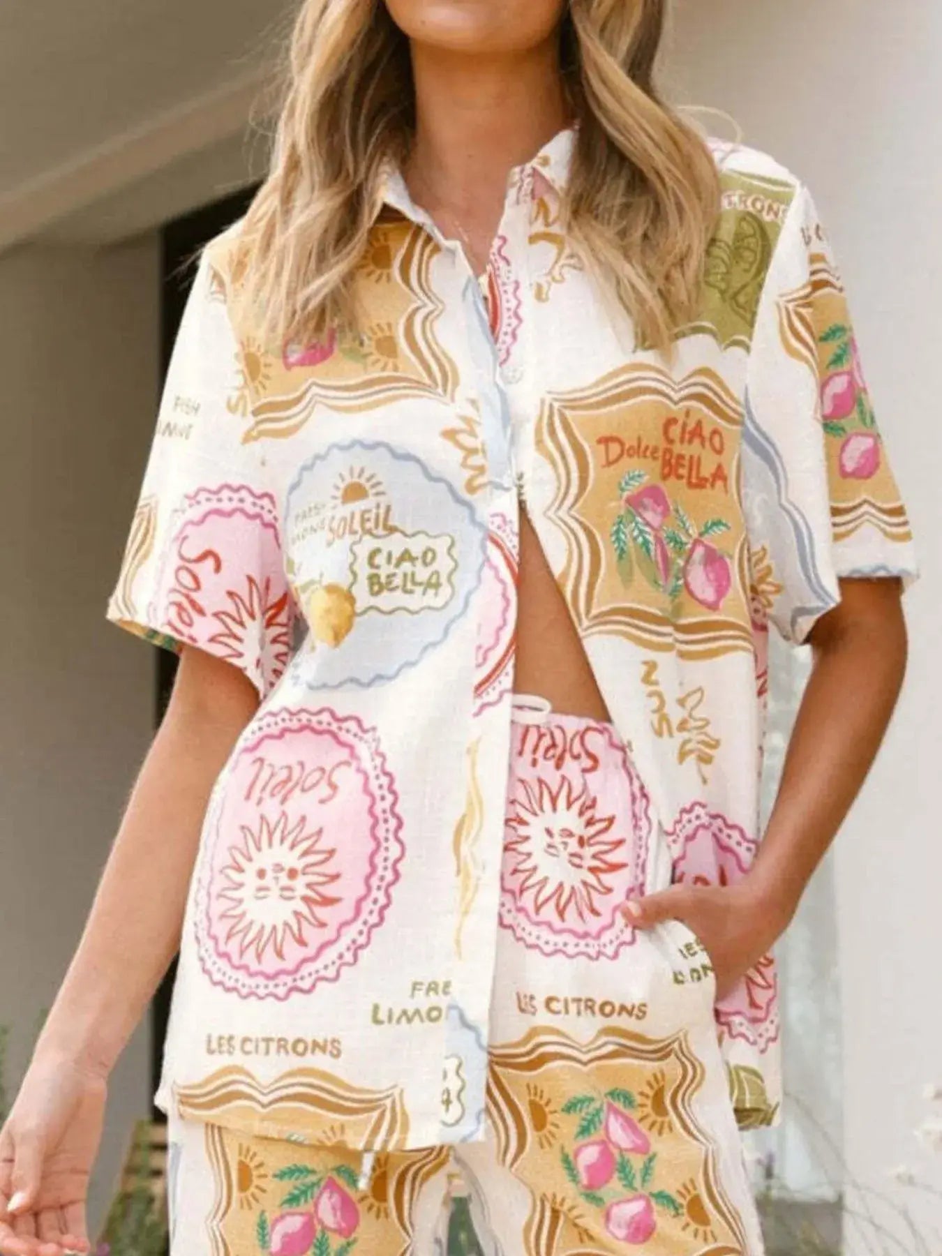 Printed Button Up Shirt and Pants Set - Trendsi - Flyclothing LLC