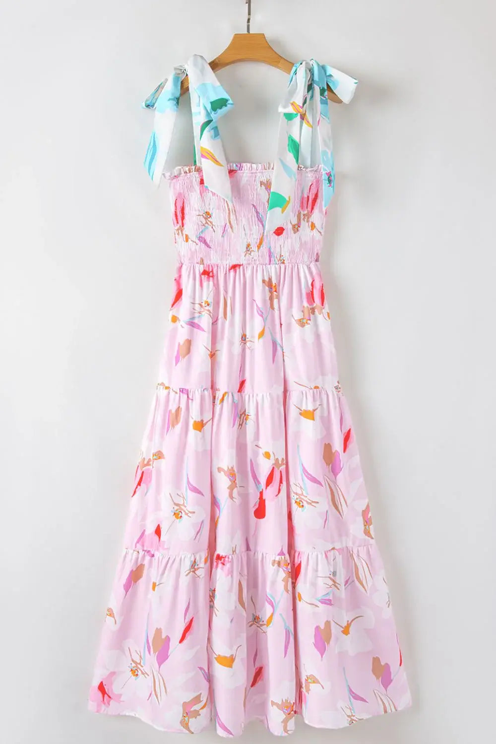 Floral Print Knotted Shoulder Smocked Maxi Dress - Trendsi - Flyclothing LLC