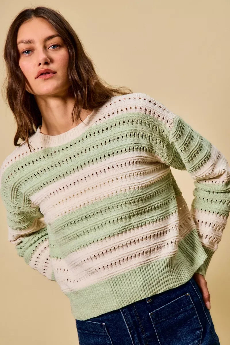 SO ME Openwork Round Neck Wide Stripe Textured Sweater - Trendsi - Flyclothing LLC
