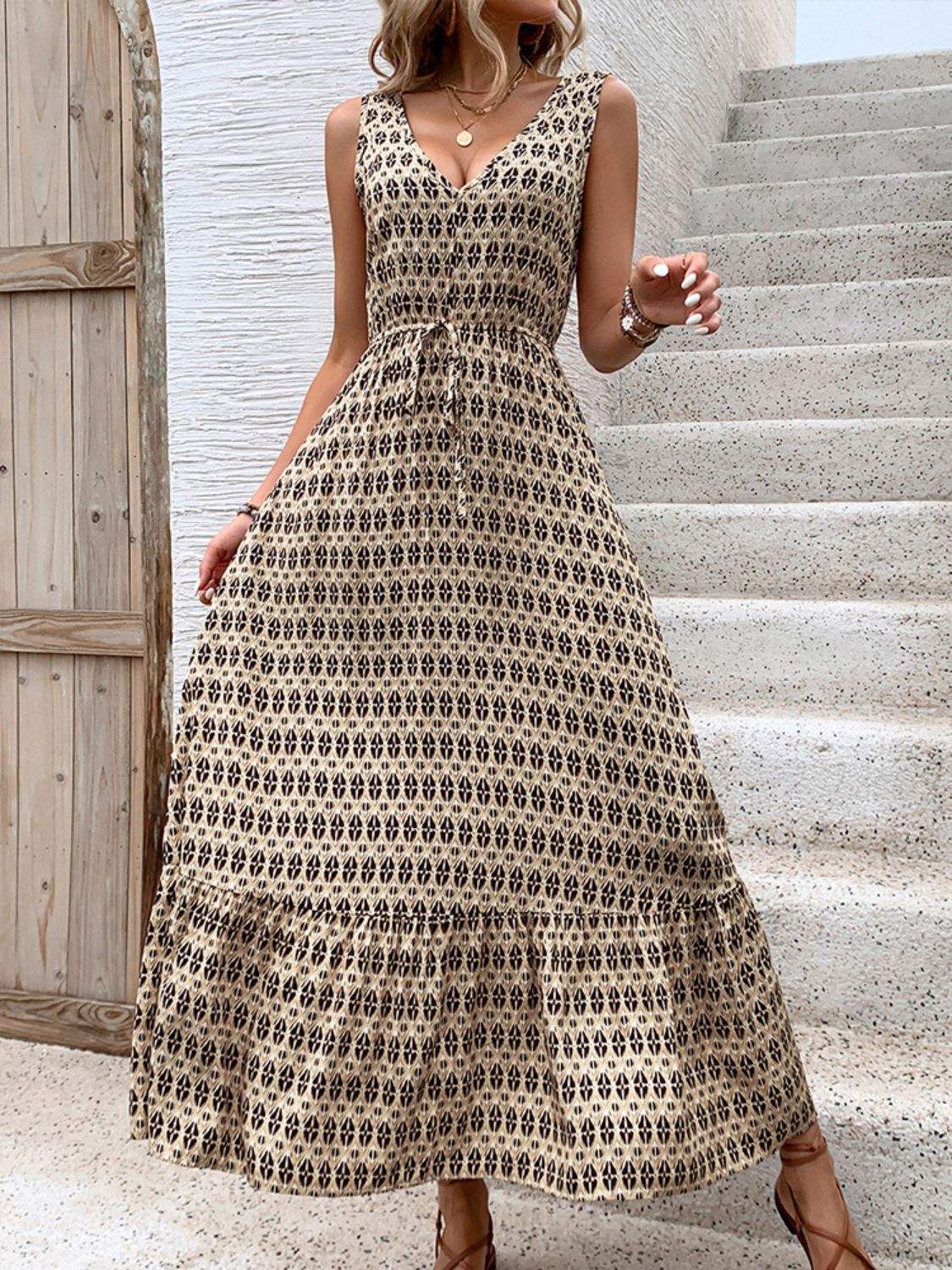 Printed V-Neck Tie Waist Midi Dress - Trendsi - Flyclothing LLC