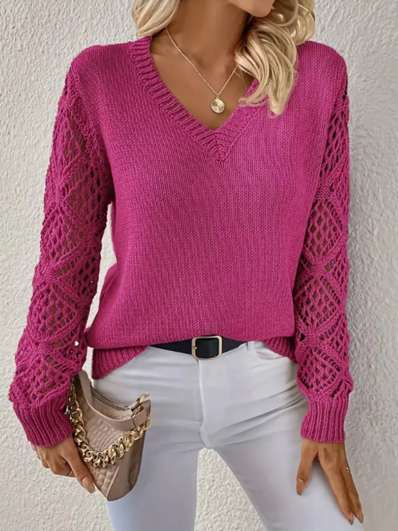 V-Neck Crochet Sleeve Sweater - Trendsi - Flyclothing LLC