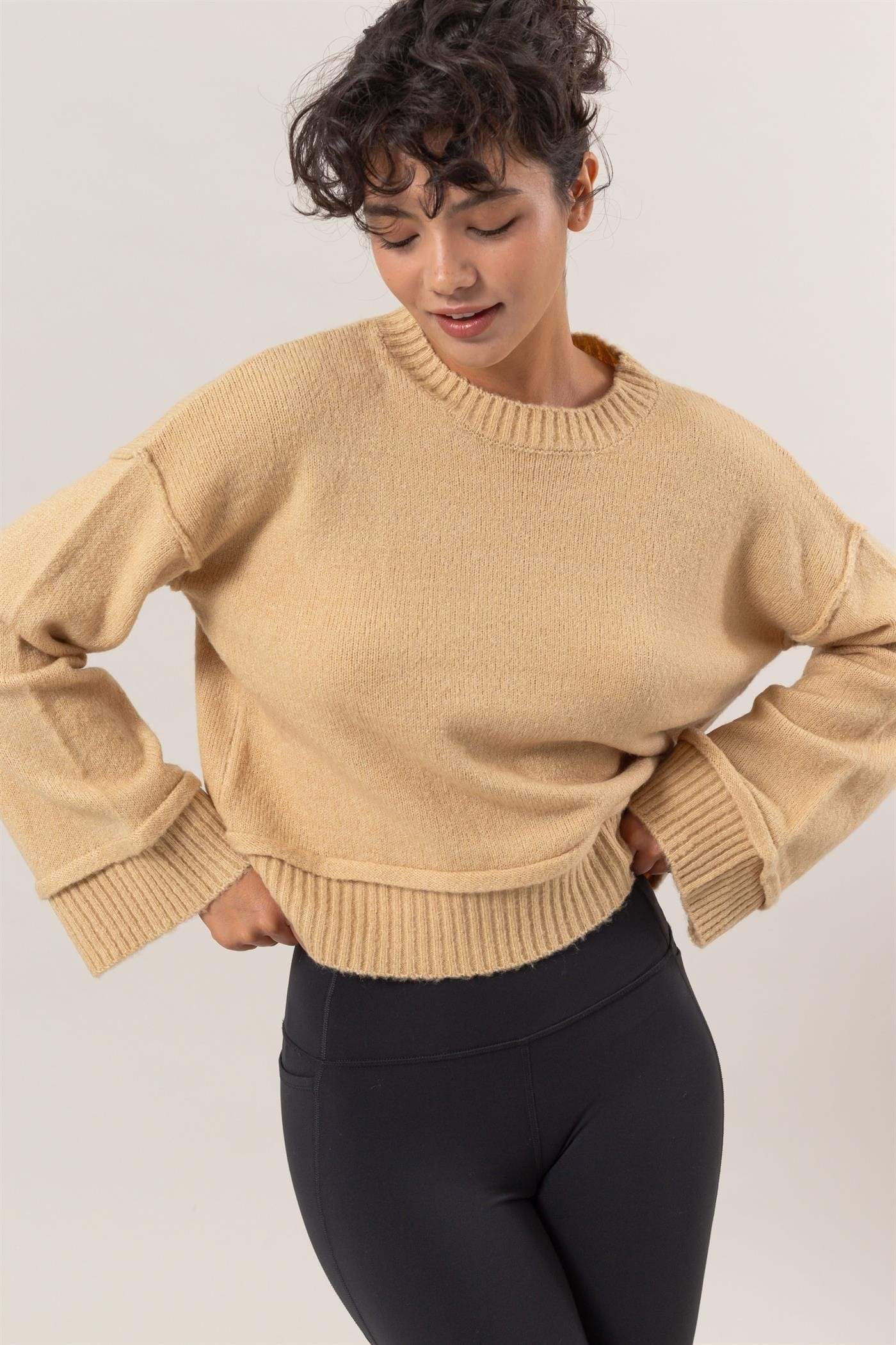 HYFVE Round Neck Dropped Shoulder Ribbed Sweater - Trendsi - Flyclothing LLC