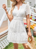 Eyelet Notched Short Sleeve Dress - Trendsi