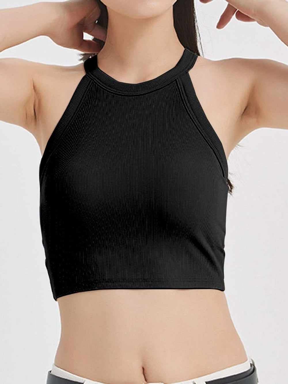 Ribbed Grecian Neck Cropped Tank with Chest Pads - Trendsi - Flyclothing LLC