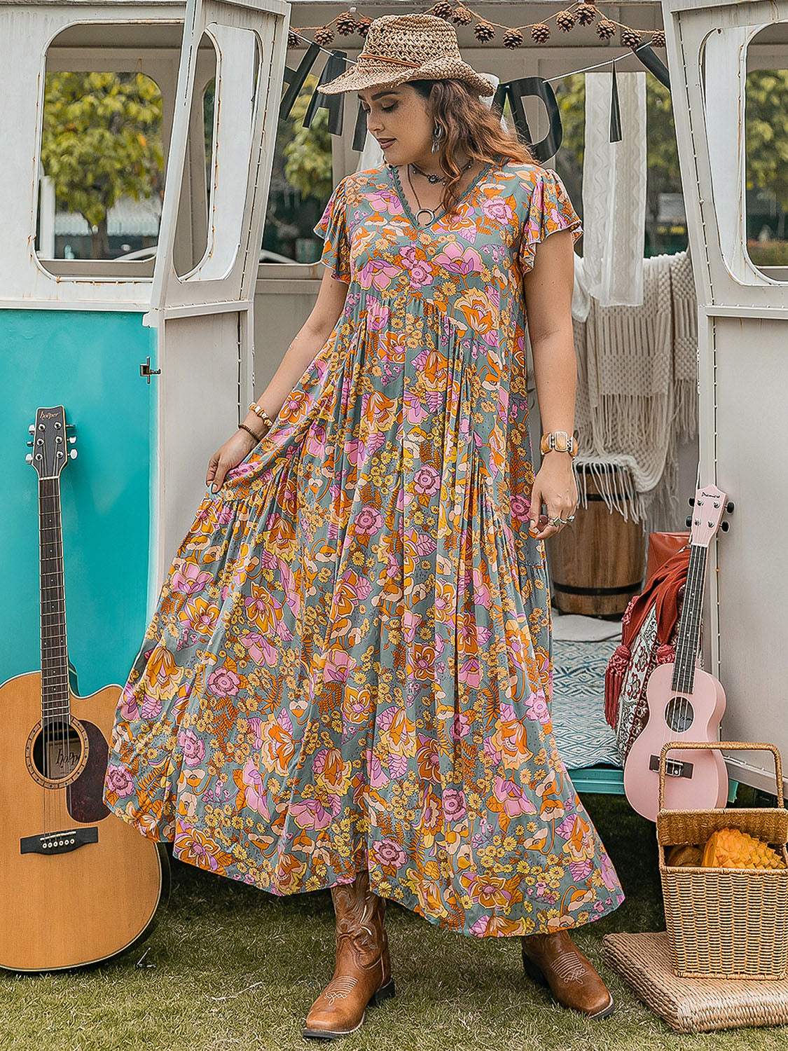 Plus Size Ruffled Printed Cap Sleeve Dress - Trendsi - Flyclothing LLC