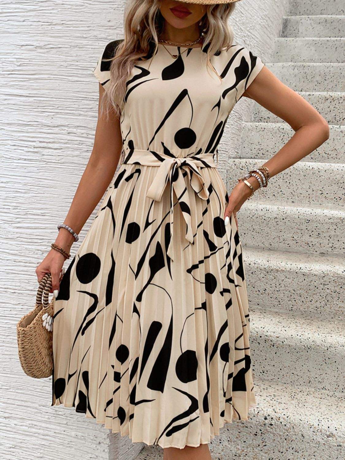Tied Pleated Printed Cap Sleeve Dress - Trendsi - Flyclothing LLC