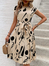 Tied Pleated Printed Cap Sleeve Dress - Trendsi - Flyclothing LLC