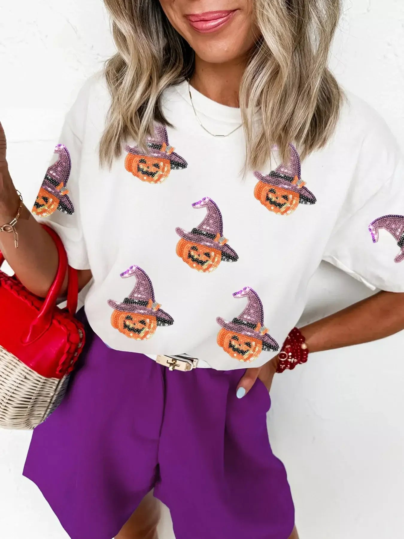 Sequin Pumpkin Witch Halloween Tee - Trendsi - Flyclothing LLC