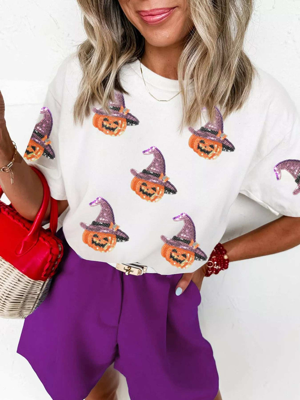 Sequin Pumpkin Witch Halloween Tee - Trendsi - Flyclothing LLC