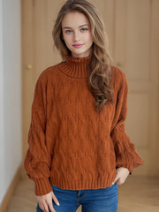 Cable-Knit Turtleneck Long Sleeve Sweater - Trendsi