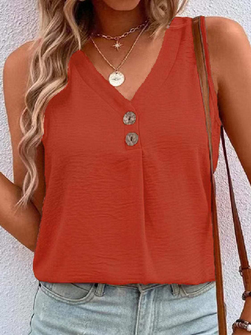 Full Size Decorative Button V-Neck Tank - Trendsi - Flyclothing LLC