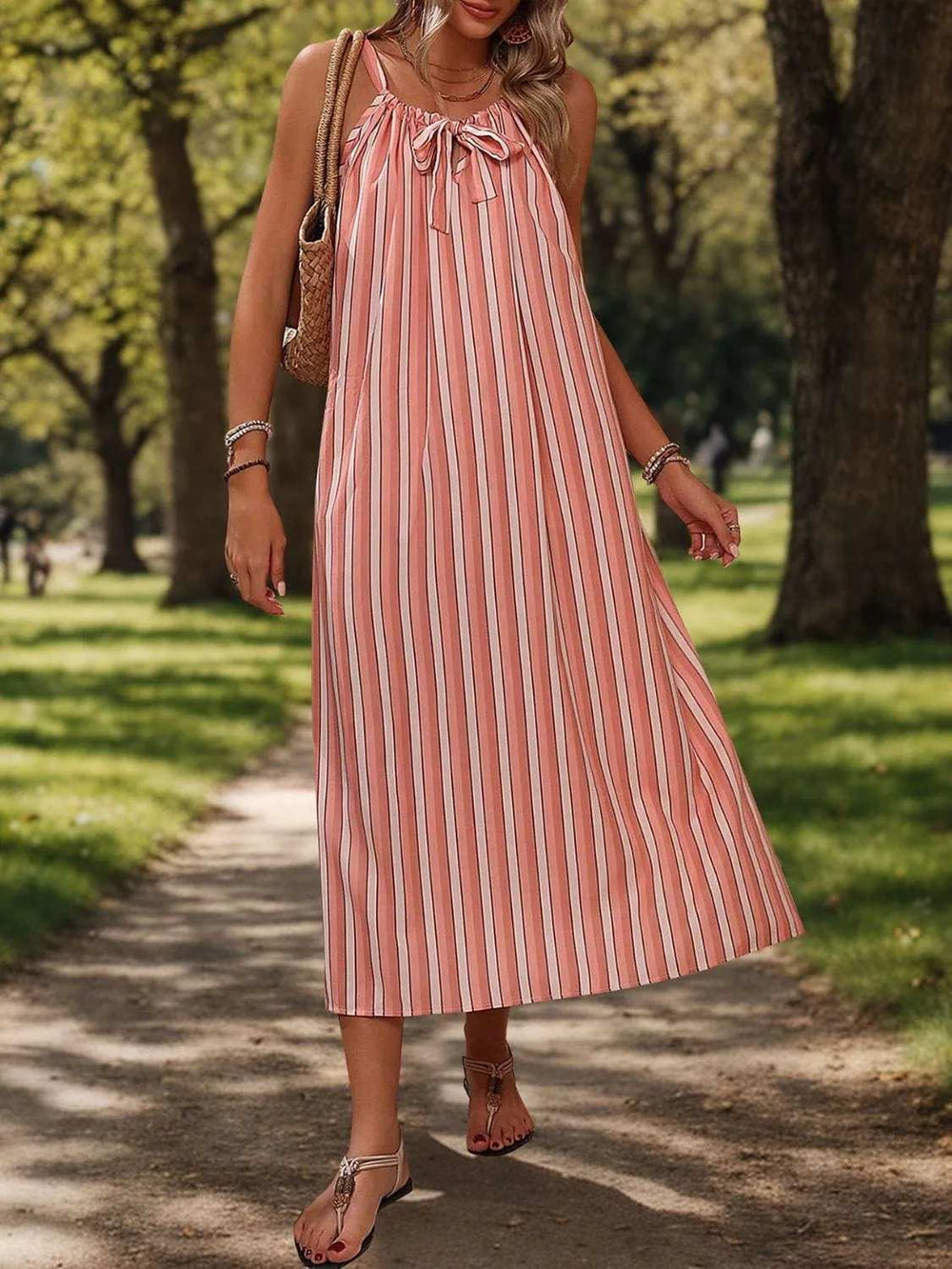 Striped Tie Neck Midi Cami Dress - Trendsi - Flyclothing LLC