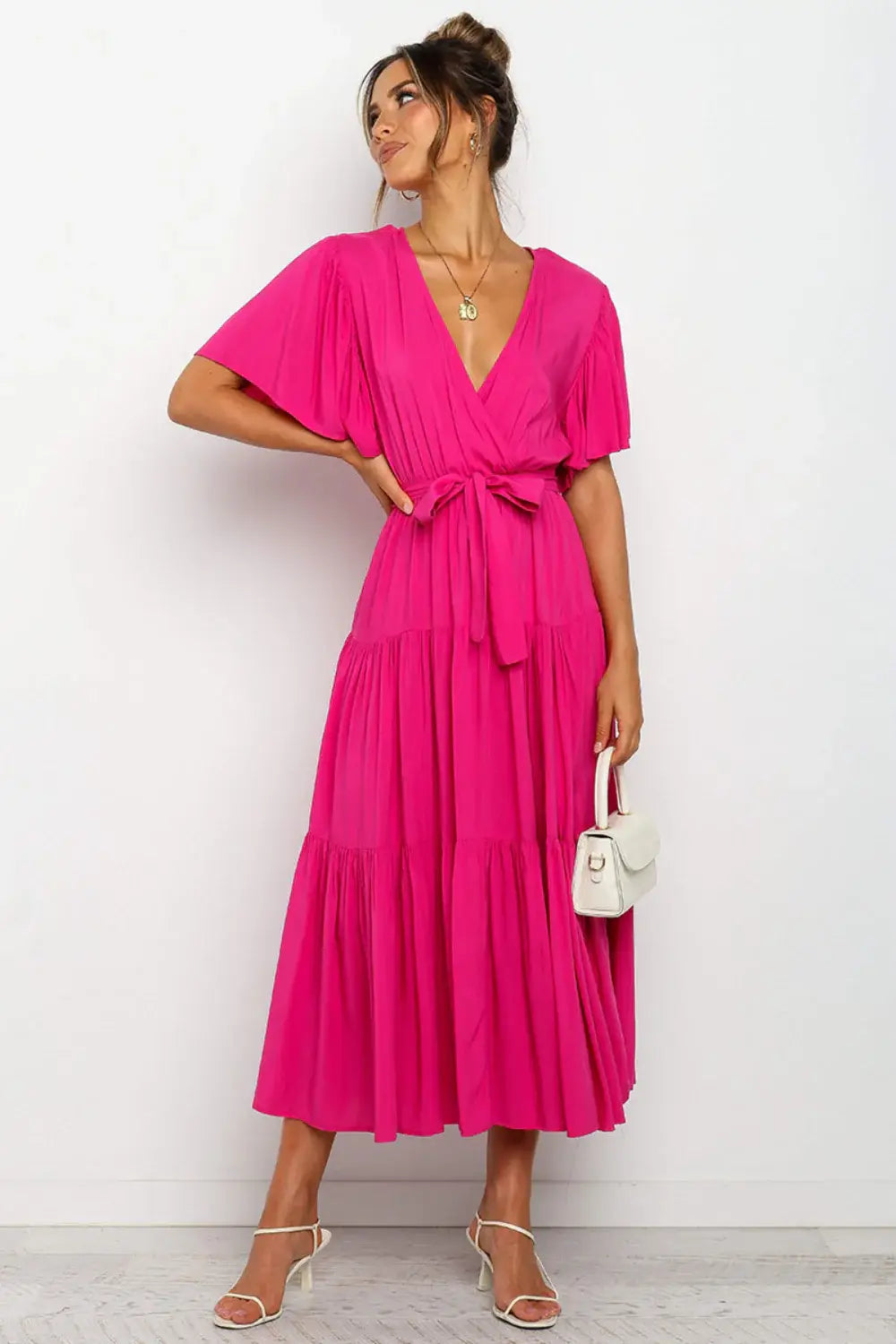 Tied Tiered Short Sleeve Midi Dress - Trendsi - Flyclothing LLC
