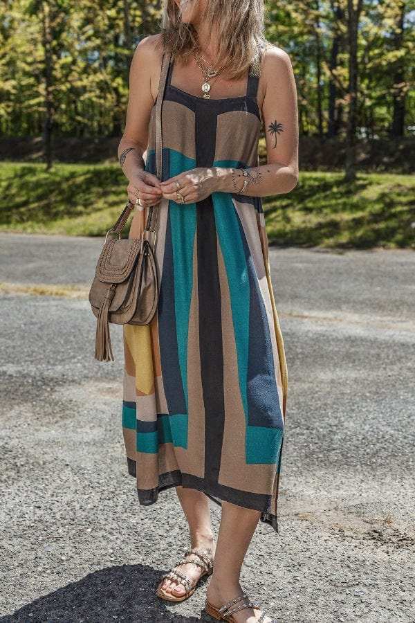 Color Block Square Neck Wide Strap Dress - Trendsi - Flyclothing LLC
