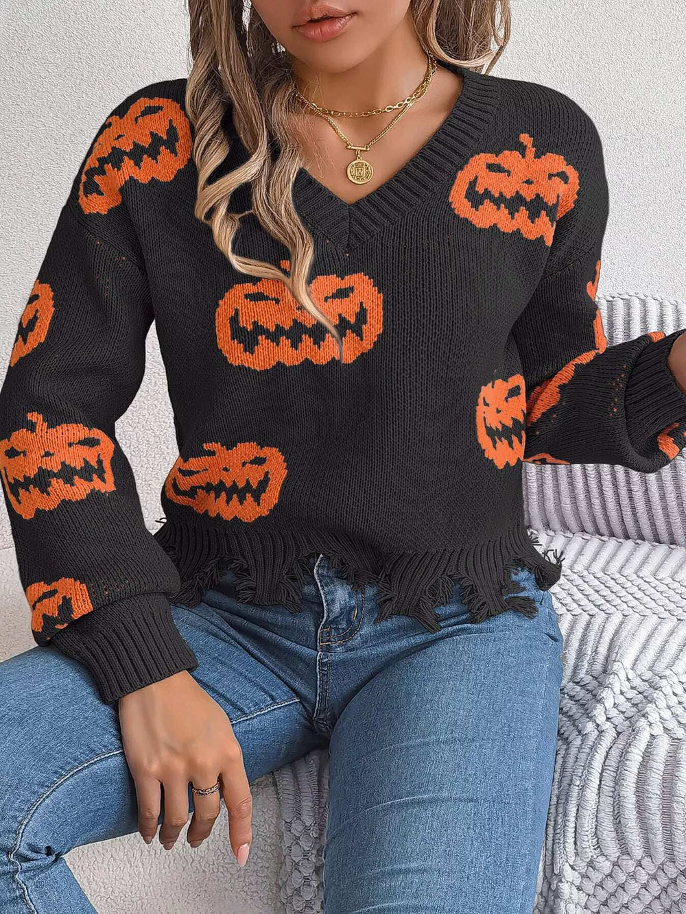 Halloween Pumpkin Pattern Raw Hem V-Neck Sweater - Trendsi - Flyclothing LLC