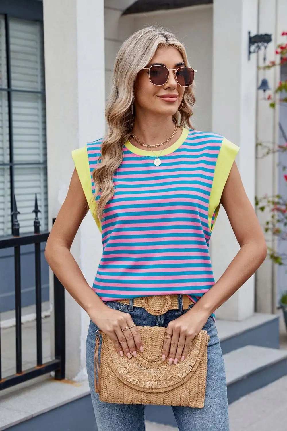 Contrast Striped Round Neck T-Shirt - Trendsi - Flyclothing LLC