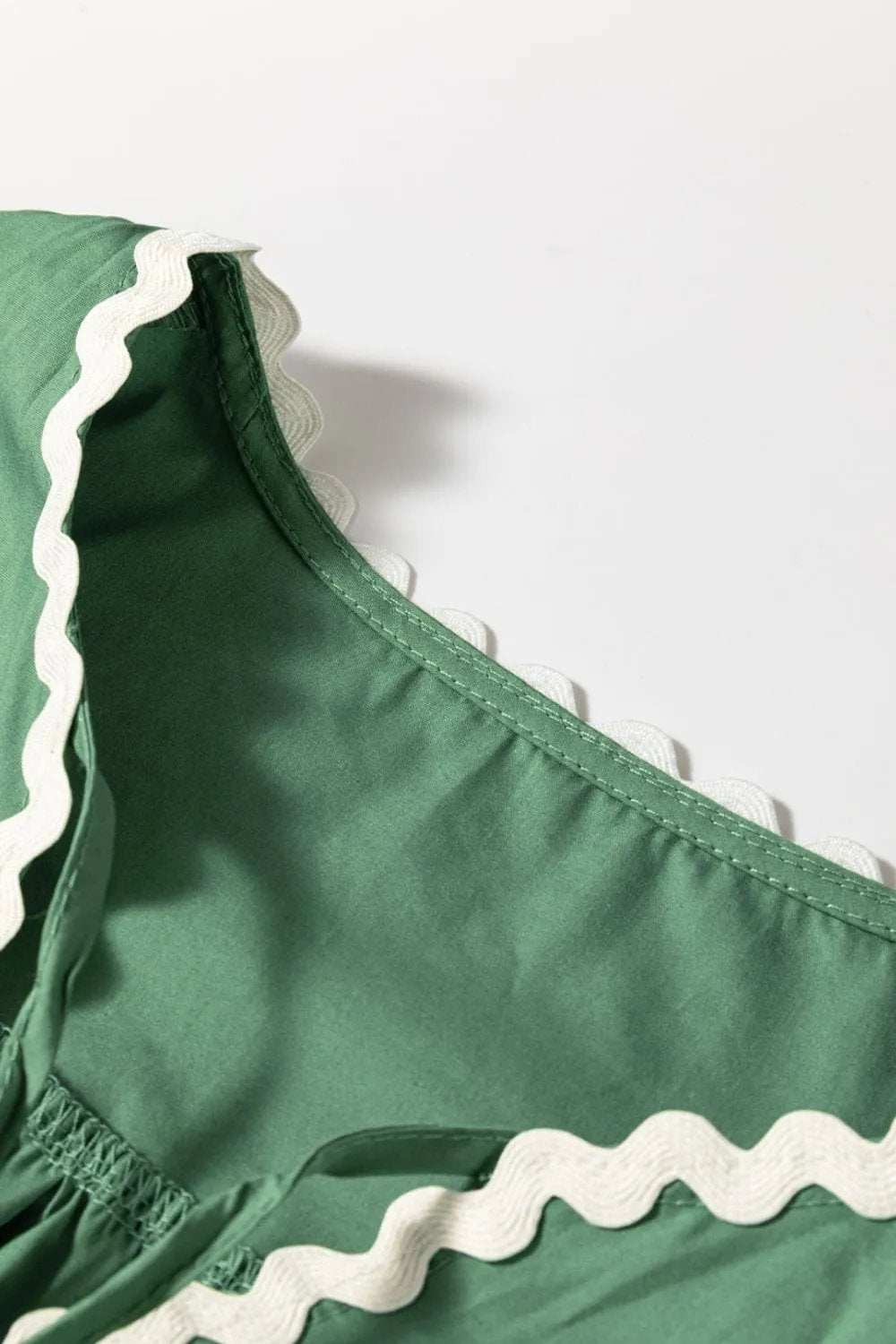 Ric Rac Trim Tie Neck Short Sleeve Blouse - Trendsi - Flyclothing LLC