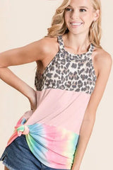 BiBi Leopard and Tie Dye Block Halter Neck Top - Trendsi - Flyclothing LLC