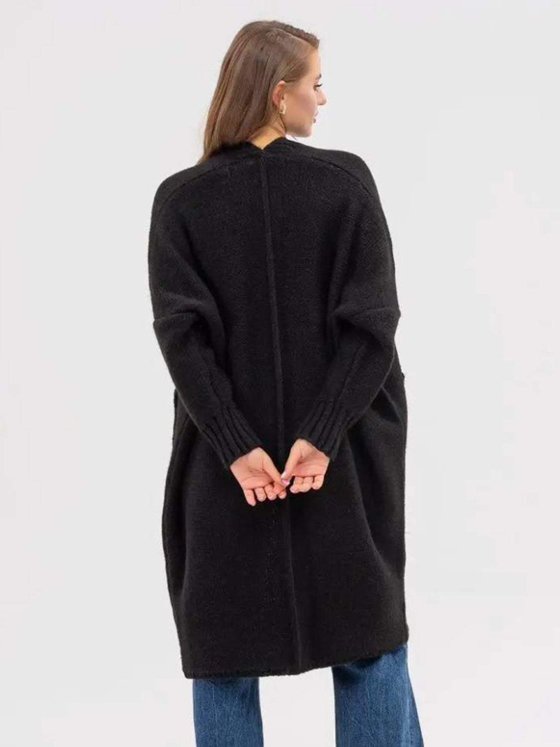 Pocketed Open Front Long Sleeve Longline Cardigan - Trendsi - Flyclothing LLC