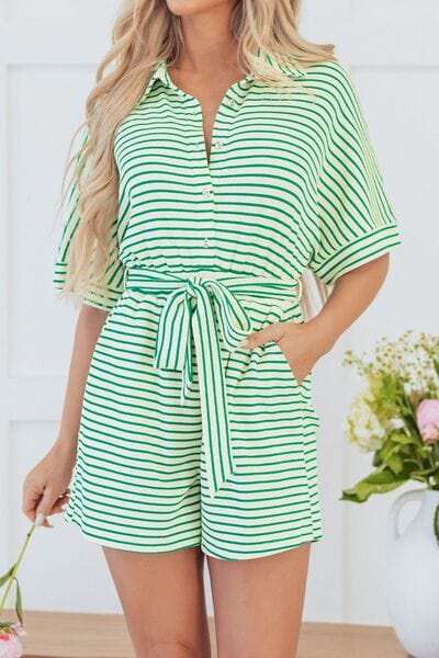 Striped Half Sleeve Tie Waist Romper - Trendsi - Flyclothing LLC