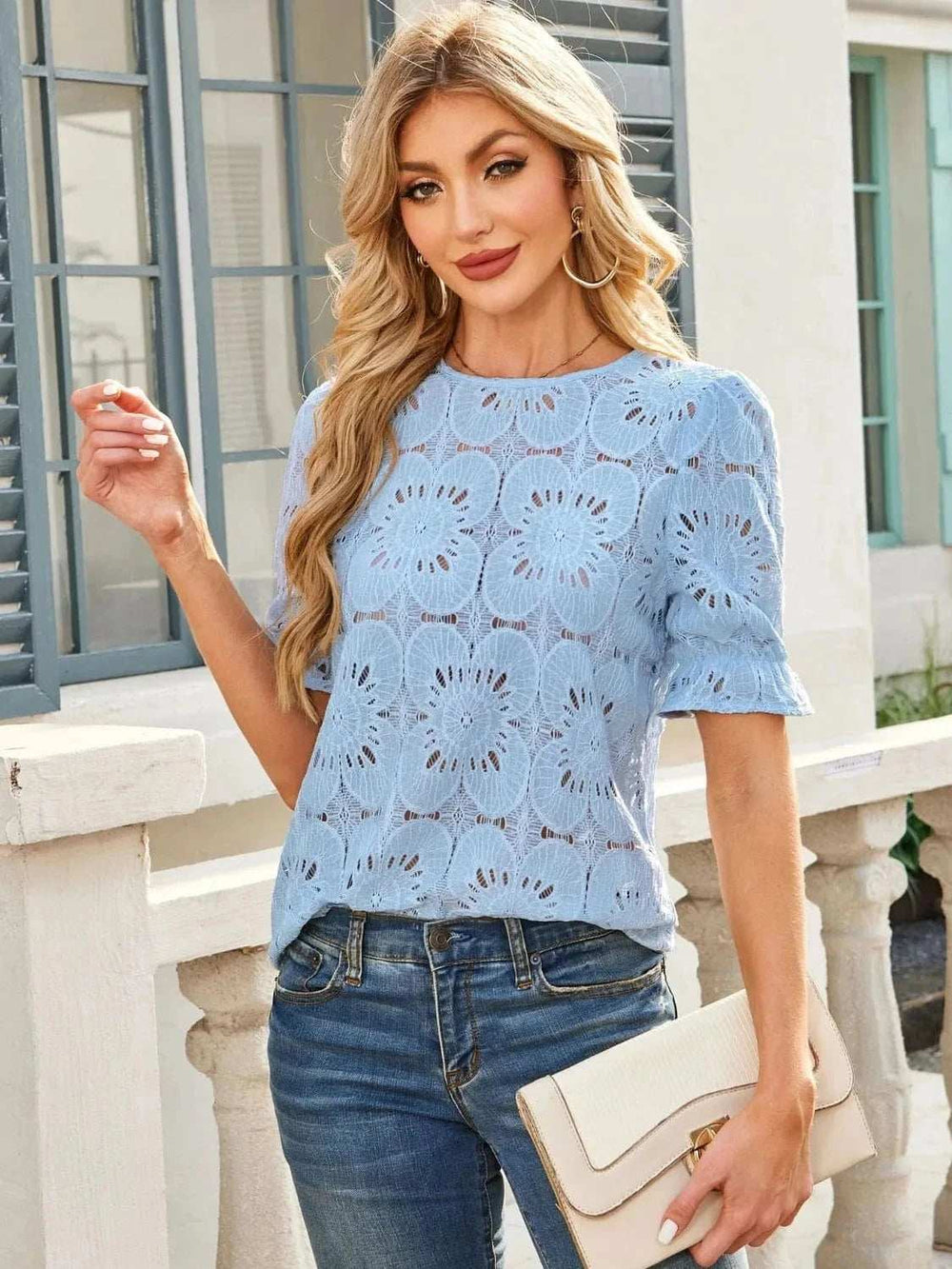 Openwork Round Neck Short Sleeve Top - Trendsi - Flyclothing LLC