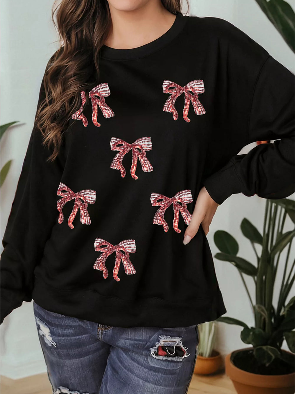 Christmas Sequin Ribbon Bow Drop Shoulder Sweatshirt - Trendsi - Flyclothing LLC