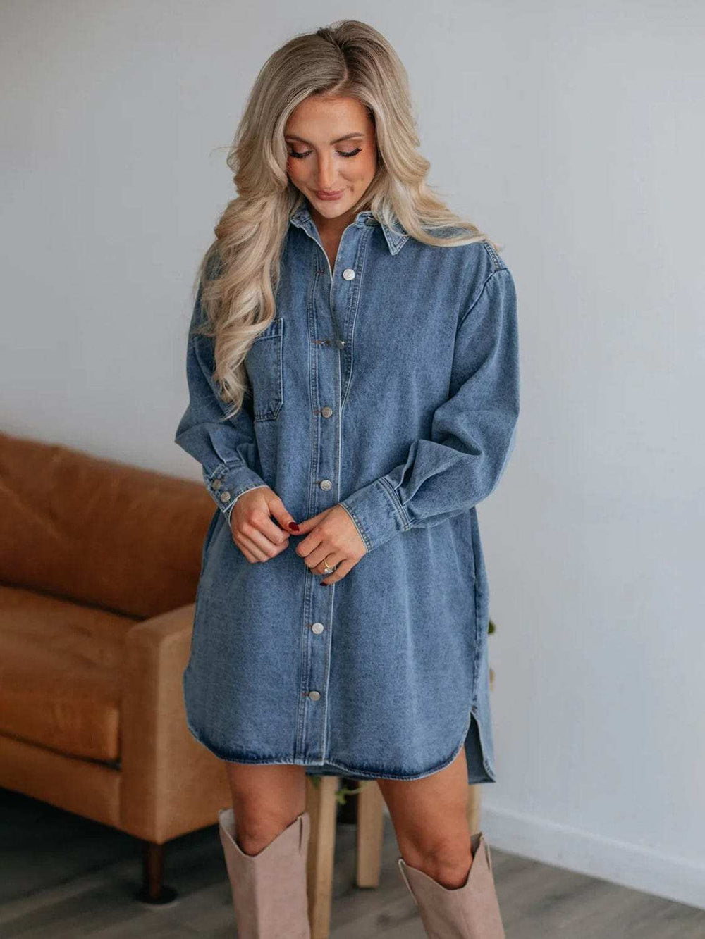 Button Up Collared Neck Long Sleeve Denim Dress - Trendsi - Flyclothing LLC