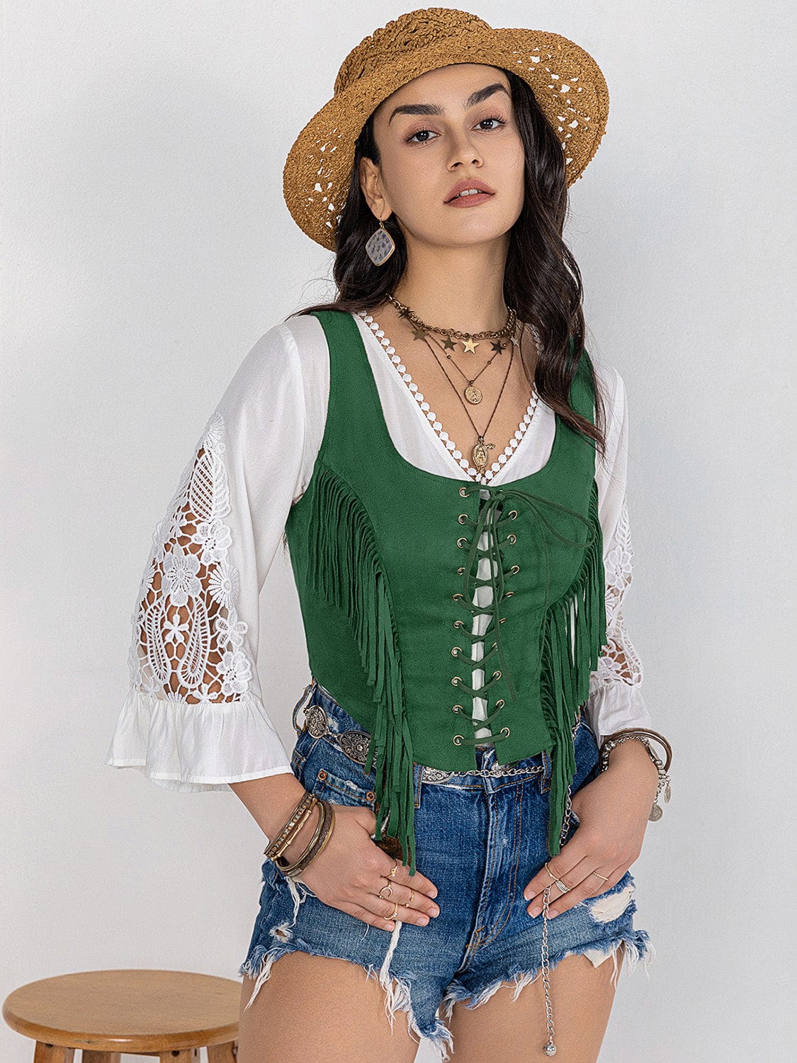 Fringe Lace-Up Wide Strap Tank - Trendsi