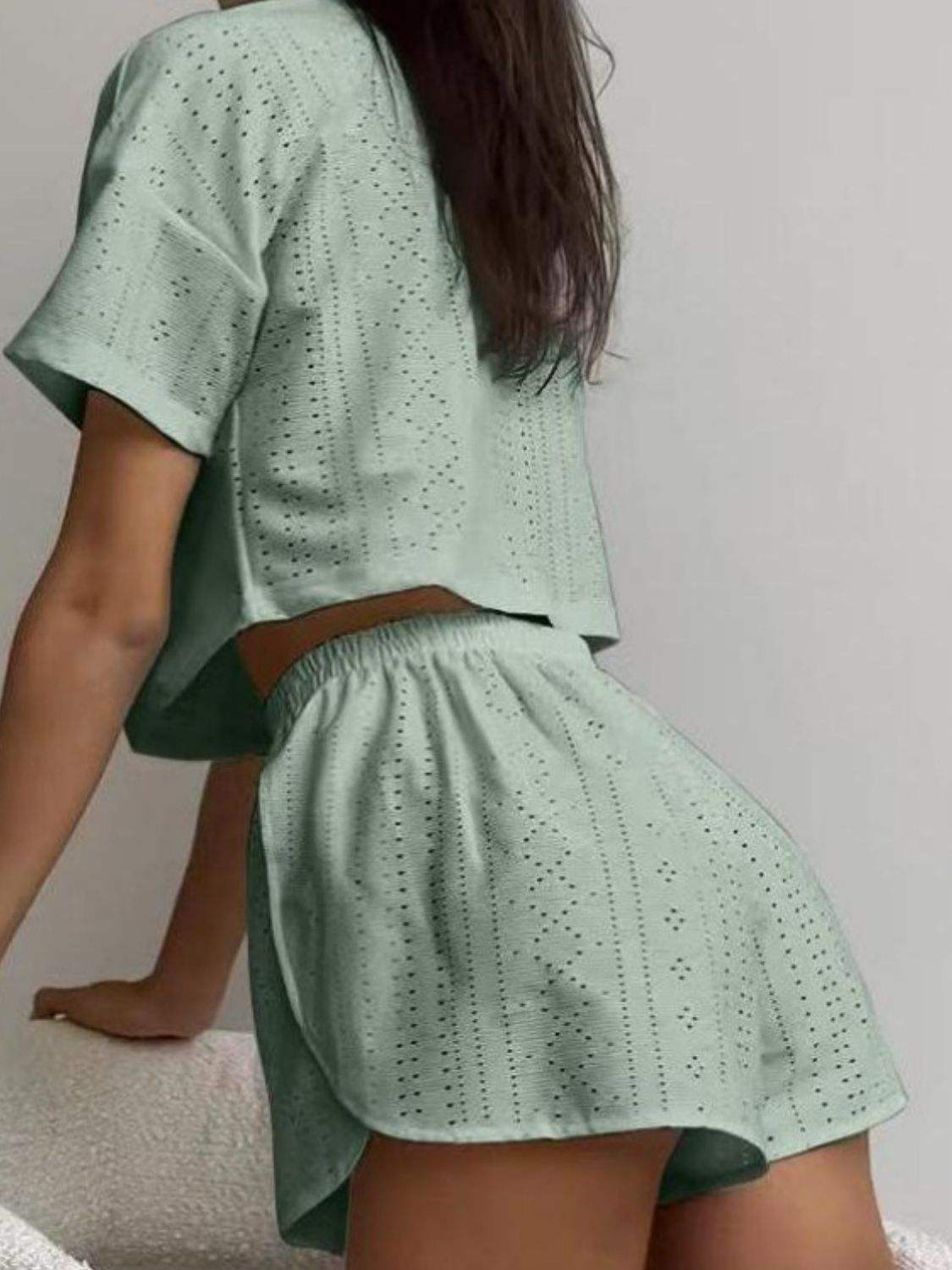 Eyelet Round Neck Top and Shorts Set - Trendsi - Flyclothing LLC