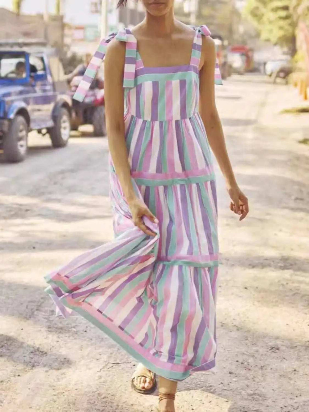 Tied Contrast Wide Strap Cami Dress - Trendsi - Flyclothing LLC