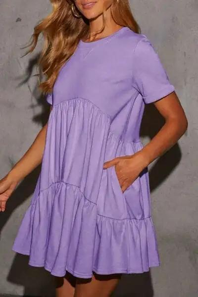 Tiered Round Neck Short Sleeve Mini Dress - Trendsi