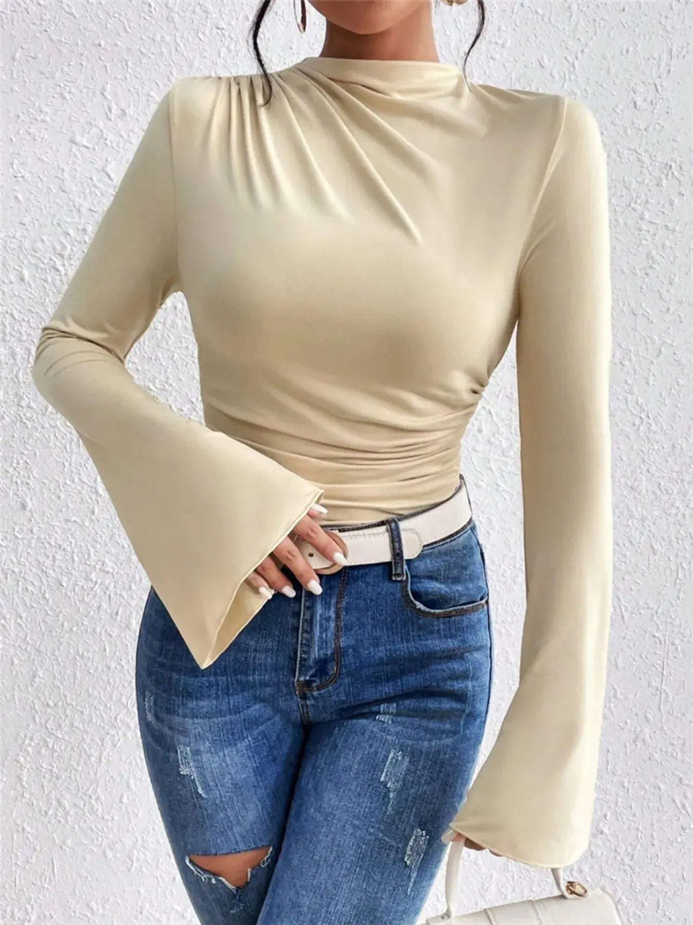 Bell Sleeve Ruched Fitted T-Shirt with Mock Neck - Trendsi - Flyclothing LLC