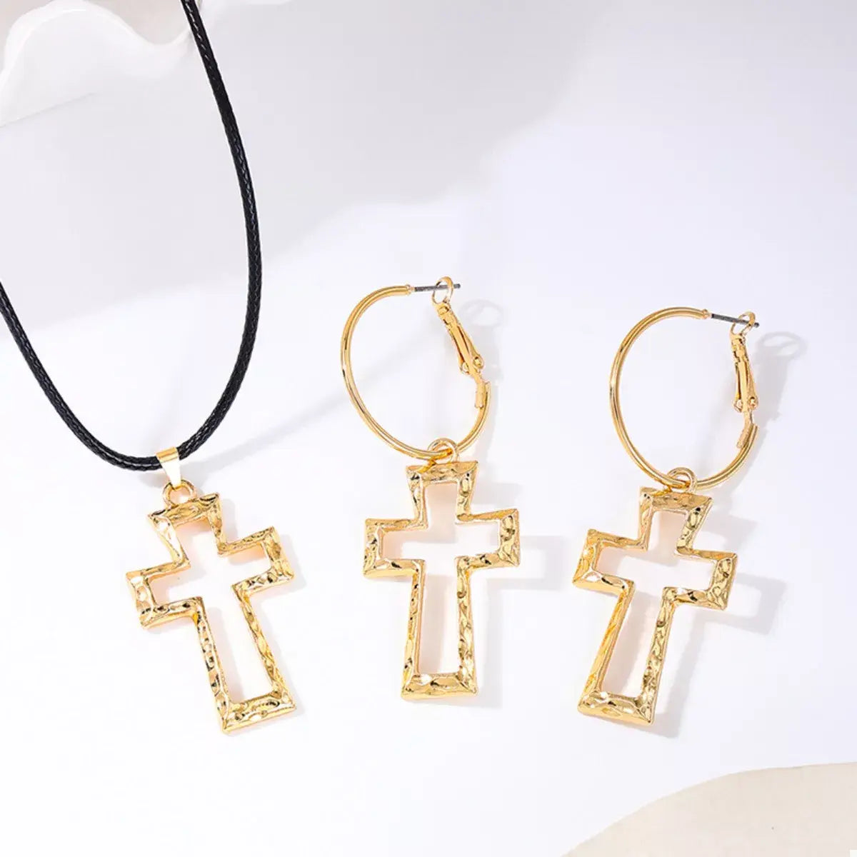 Cross Pendant Necklace & Hoop Earrings Jewelry Set - Trendsi - Flyclothing LLC