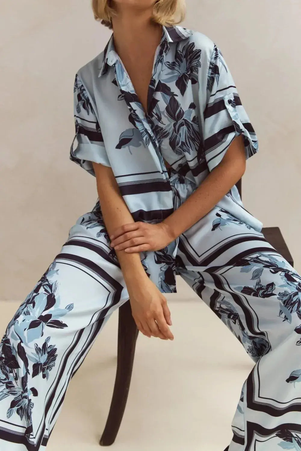 Printed Button Up Shirt and Pants Set - Trendsi - Flyclothing LLC